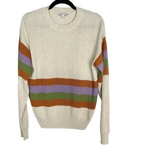 New Gilli Large Cream Orange Green Striped Ribbed Knit Sweater Crew Neck Purple